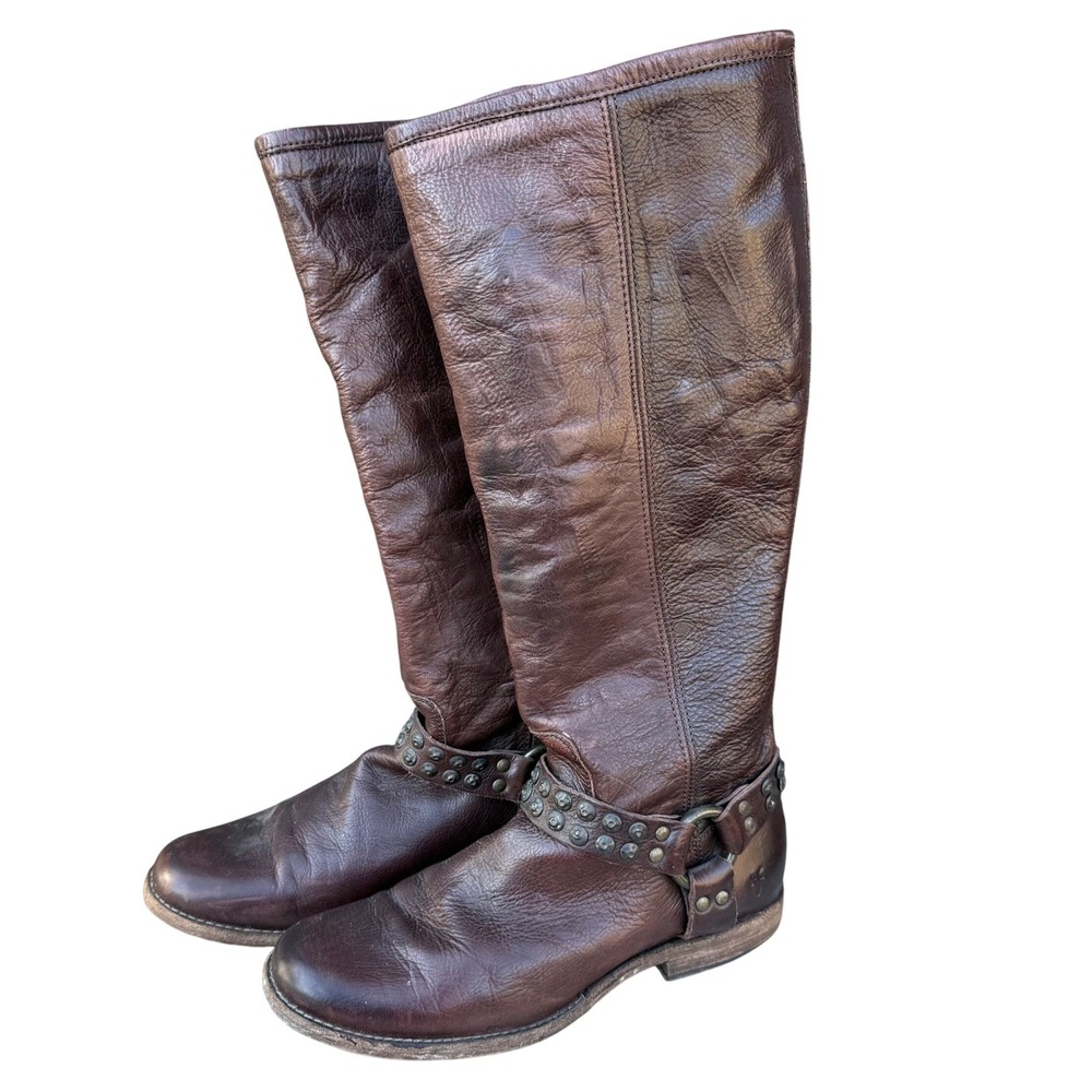 Frye Melissa Stud Harness Boots Brown Leather Back Zip Riding Boots Size 8.5